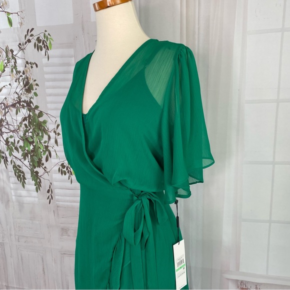 New Calvin Klein Dress 8 Chiffon Flutter Sleeve Green High-low Ruffle Faux Wrap - Picture 10 of 10